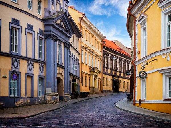 old colourful townhouses in the center of Vilnius, Lithuania