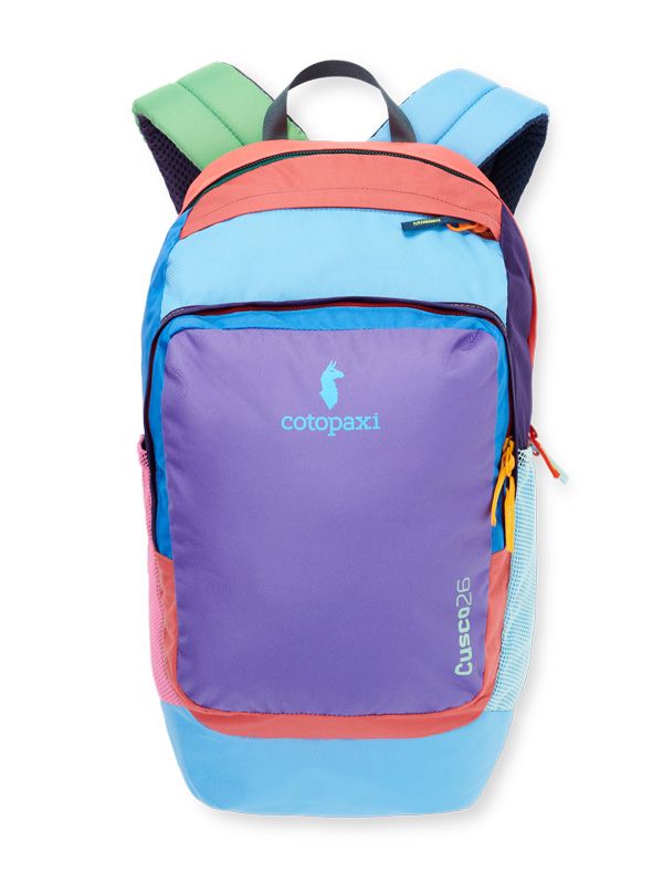 The colourful cotopaxi backpack in green, blue, purple and coral.
