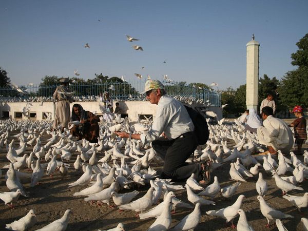 Tony Wheeler feeding the white pigeons in Afghanistan