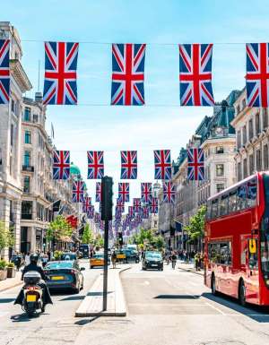 Union Jacks on Oxford Street for the Queen's Platinum Jubilee