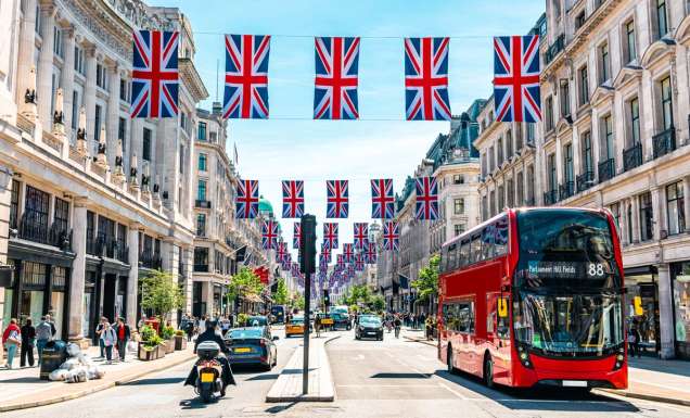 Union Jacks on Oxford Street for the Queen's Platinum Jubilee