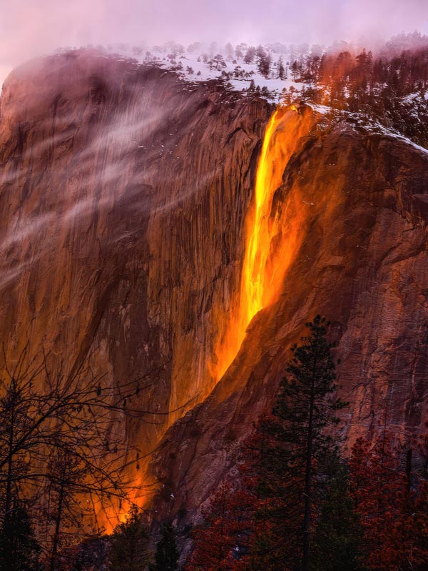 An aerial of Yosemite Horsetail Fire Falls