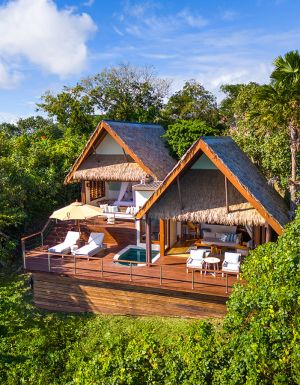 An aerial view of the adults-only island resort, Royal Davui Island Resort.