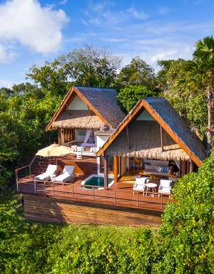 An aerial view of the adults-only island resort, Royal Davui Island Resort.