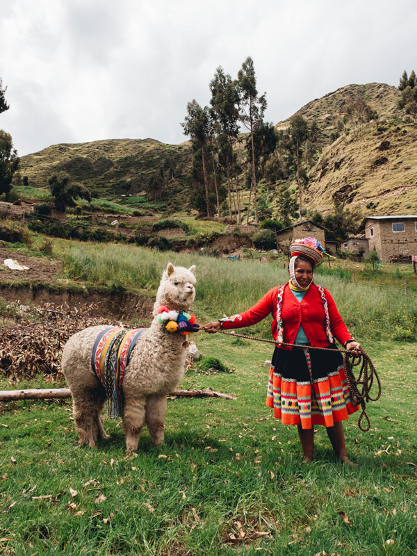 an Indigenous woman of Huilloc standing beside an alpaca