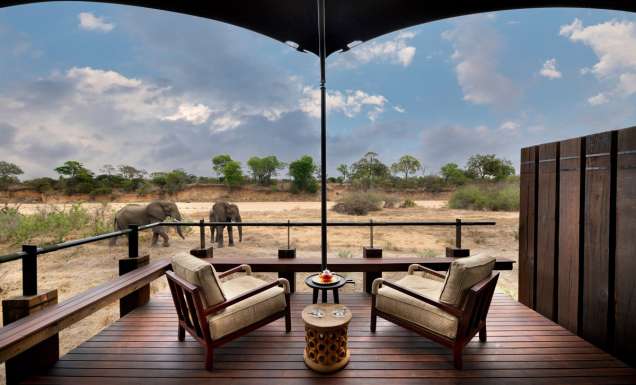 elephants grazing outside andBeyond Ngala Tented Camp wellness spa