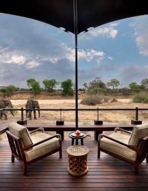 elephants grazing outside andBeyond Ngala Tented Camp wellness spa