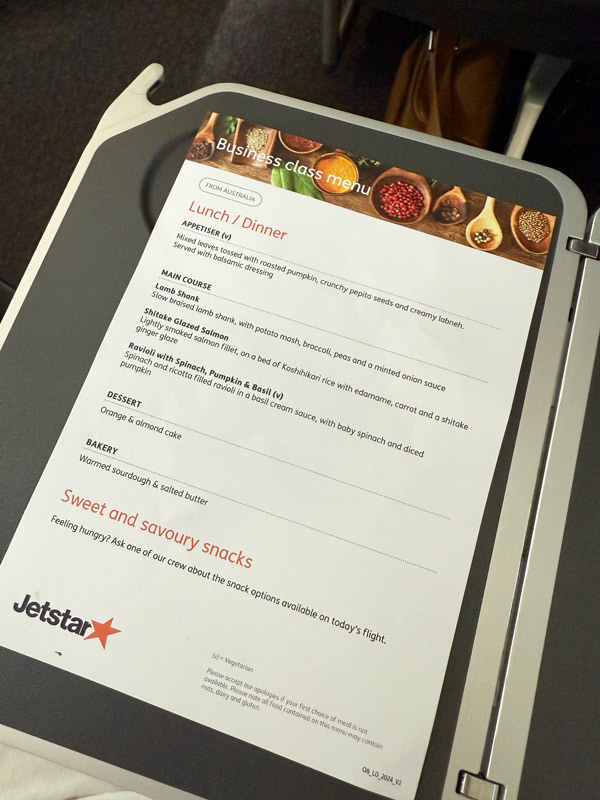 the menu showing lunch and dinner options onboard Jetstar’s Boeing 787 Dreamliner Business Class