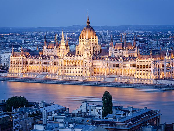 The Hungarian Parliament Buildingat night with lights on