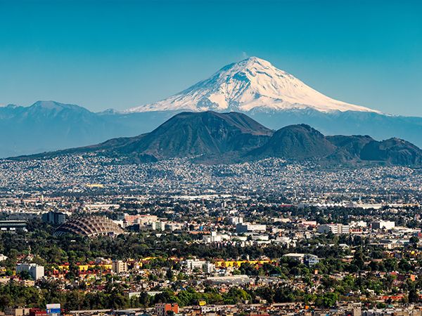Snow covered Popocatepetl Volcano as seen from Mexico City, Mexico.