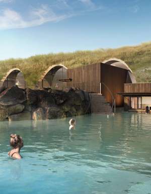 A render of the waterfall and swim-up bar in the Lower Lagoon of Iceland's newest geothermal bathing house
