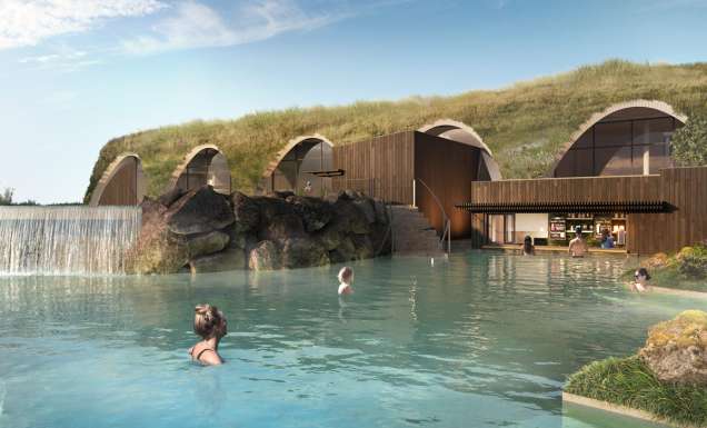 A render of the waterfall and swim-up bar in the Lower Lagoon of Iceland's newest geothermal bathing house