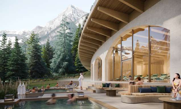 The new thermal pools with a backdrop of the Canadian Rockies at BASIN Glacial Waters