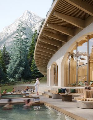The new thermal pools with a backdrop of the Canadian Rockies at BASIN Glacial Waters