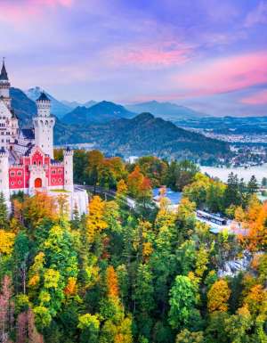 Neuschwanstein, Bavaria - Famous Bavarian fairytale autumn landscape in Alps, Germany