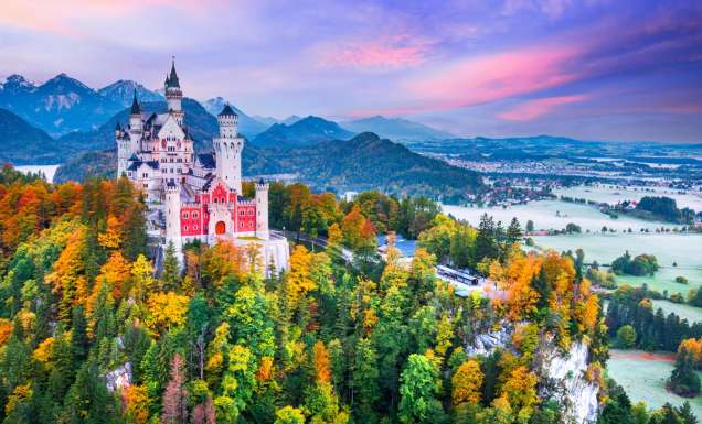 Neuschwanstein, Bavaria - Famous Bavarian fairytale autumn landscape in Alps, Germany