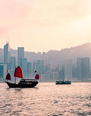the Dukling boat cruising the Victoria Harbour Hong Kong
