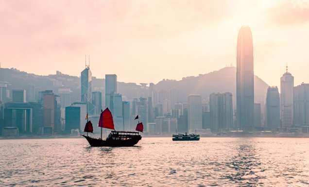 the Dukling boat cruising the Victoria Harbour Hong Kong