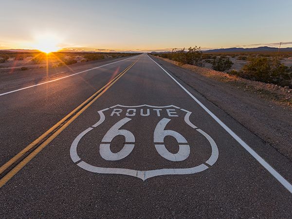 Sunset on Route 66 in the California Mojave Desert.