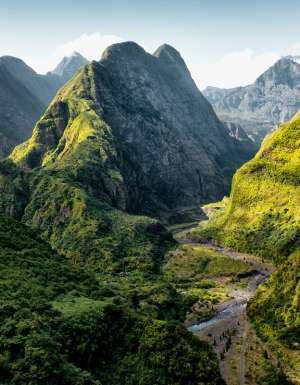 a scenic landscape in Mafate Cirque, Reunion Island