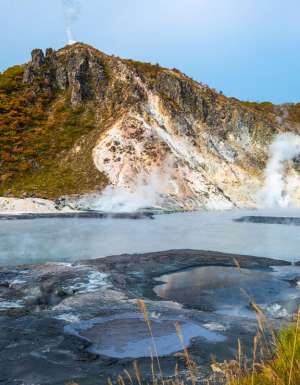 Mt. Hiyori Rises above Oyunuma Lake in Hell Valley, Noboribetsu, Hokkaido, Japan.