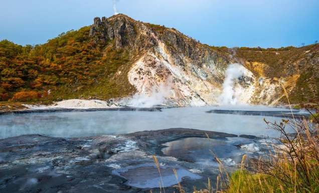 Mt. Hiyori Rises above Oyunuma Lake in Hell Valley, Noboribetsu, Hokkaido, Japan.