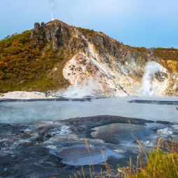 Mt. Hiyori Rises above Oyunuma Lake in Hell Valley, Noboribetsu, Hokkaido, Japan.