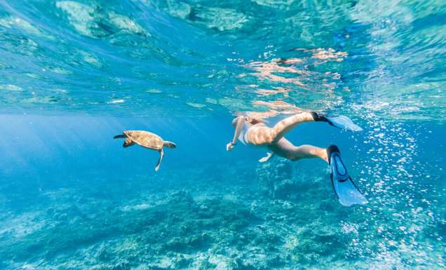 Woman explores the reef around the atoll in the Maldives
