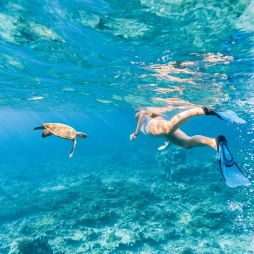 Woman explores the reef around the atoll in the Maldives