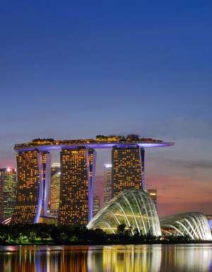 Exterior of Marina Bay Sands and Singapore's skyline.