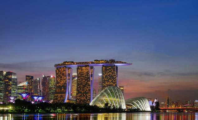 Exterior of Marina Bay Sands and Singapore's skyline.
