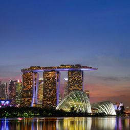 Exterior of Marina Bay Sands and Singapore's skyline.