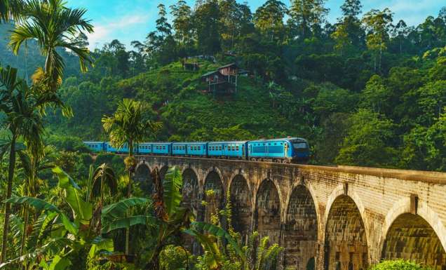 Iconic train passing over Nine Arch Bridge in Demodara, Ella, Sri Lanka