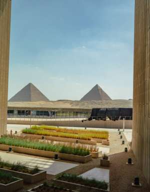 View of Pyramids of Giza from the main viewing platform of the Grand Egyptian Museum
