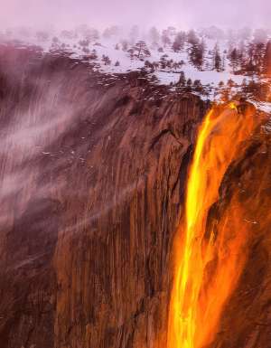 An aerial of Yosemite Horsetail Fire Falls