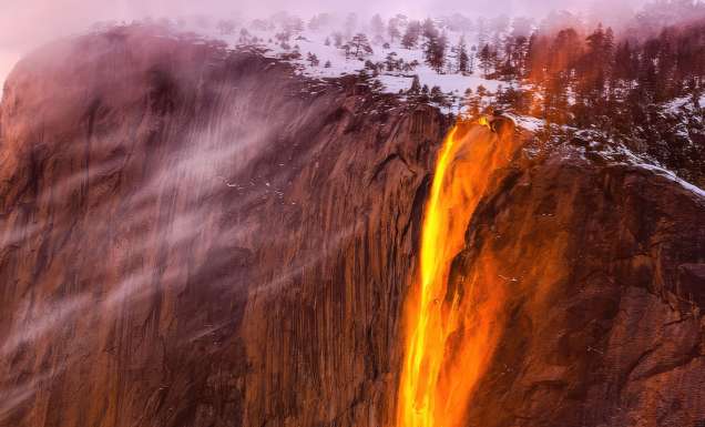 An aerial of Yosemite Horsetail Fire Falls