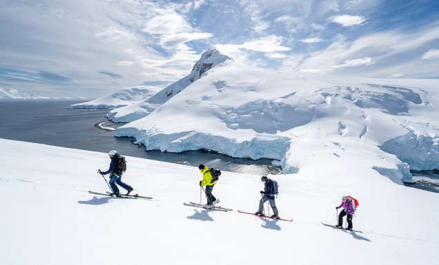 tour group skiing in antarctica with aurora