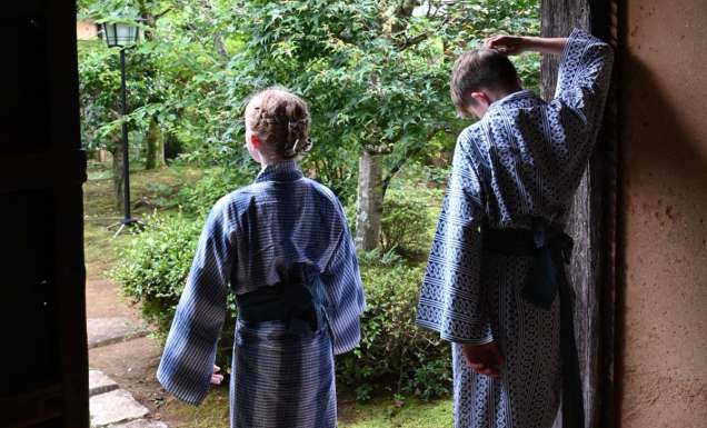 The writer's children in the doorway at Nagataki Inn