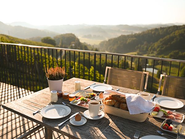 A traditional Austrian meal, beautifully presented on a table with breathtaking views beyond.