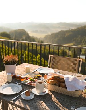 A traditional Austrian meal, beautifully presented on a table with breathtaking views beyond.