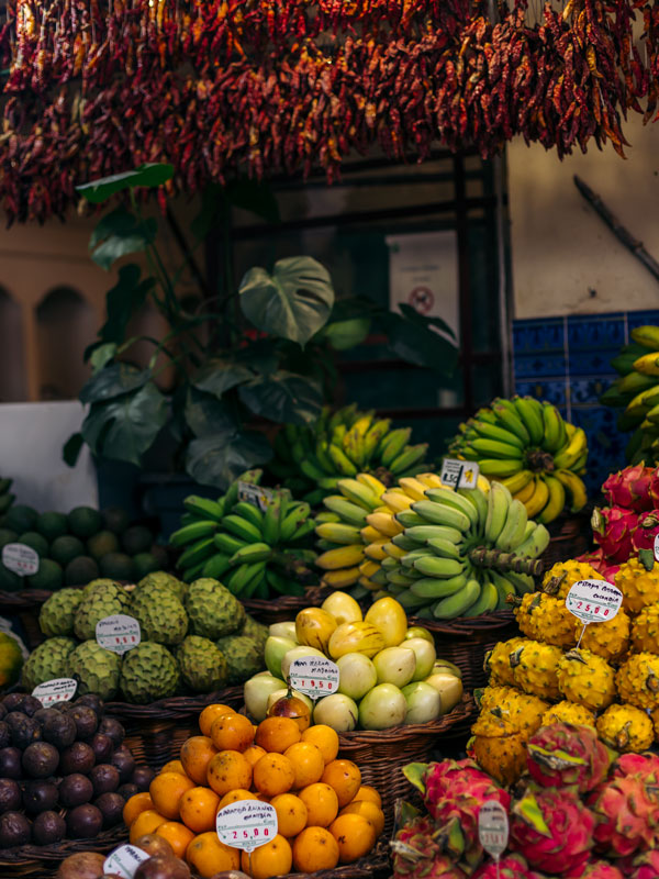 fresh fruits on diplay at a market in Madeira