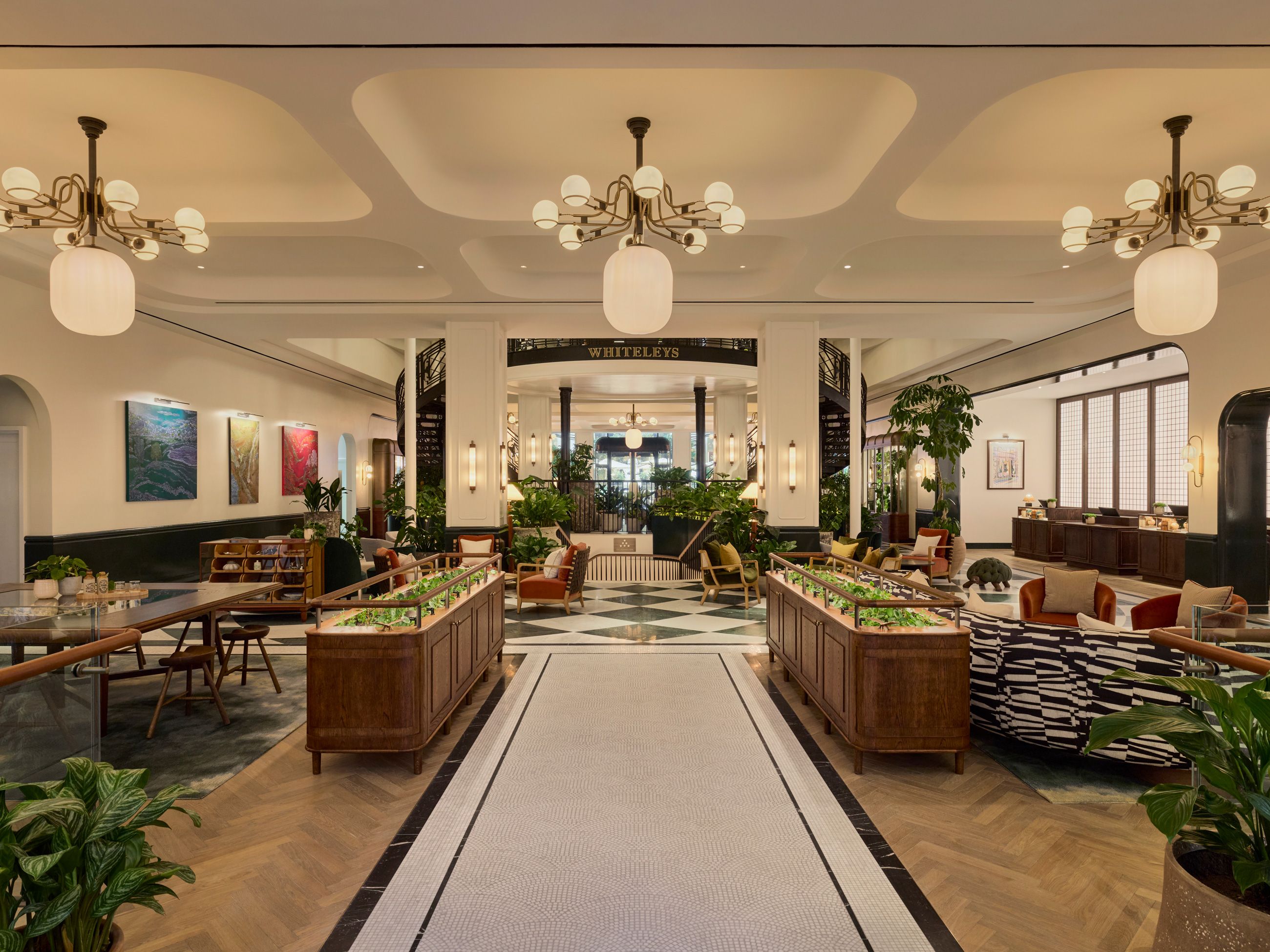 View of the Six Senses London lobby and Whiteley's Kitchen, Cafe and Bar