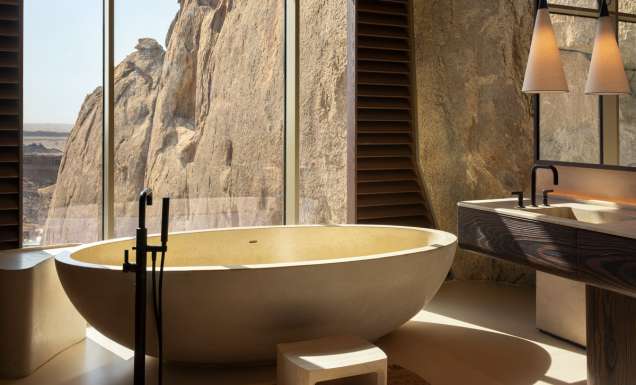 a bathtub with a view at Desert Rock Resort, Saudi Arabia