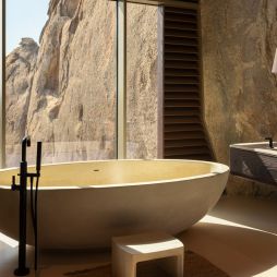 a bathtub with a view at Desert Rock Resort, Saudi Arabia