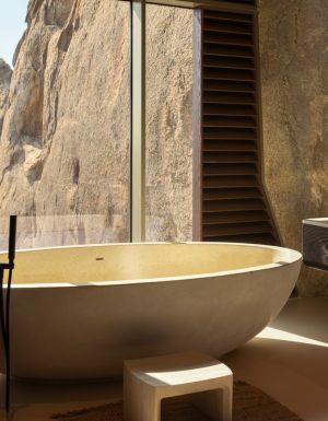 a bathtub with a view at Desert Rock Resort, Saudi Arabia