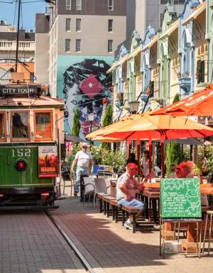 a tram on New Regent Street, Christchurch