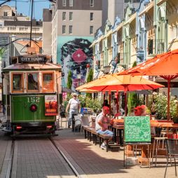 a tram on New Regent Street, Christchurch