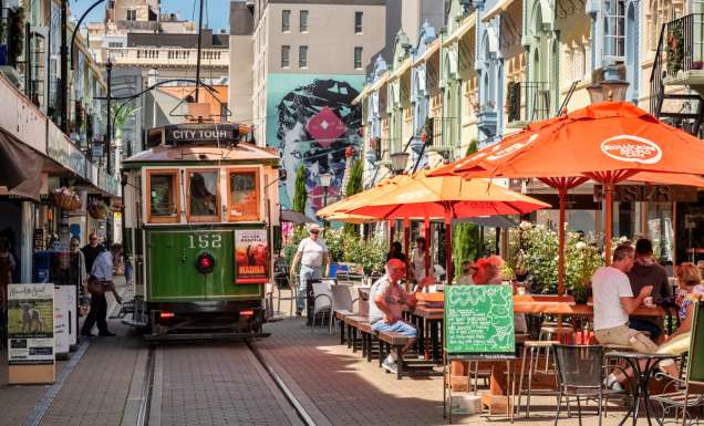 a tram on New Regent Street, Christchurch