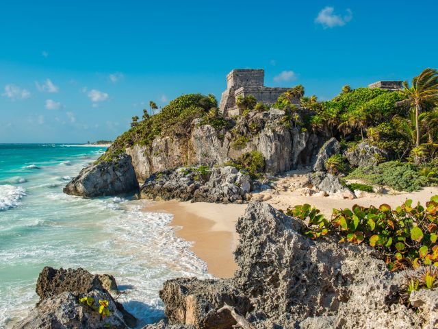 The Mayan archaeological site of Tulum with its famous beach by the Caribbean Sea, Quintana Roo state, Yucatan Peninsula, Mexico