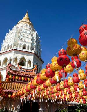 Rows of Chinese New Year lanterns in front of Kek Lok Si penang